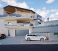 Modern two-story house with white exterior, black roof, large garage, and two balconies overlooking a scenic view.
