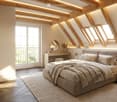 Modern attic bedroom with wooden beams, skylights, and large windows. Features a bed with pillows and blankets, nightstand with lamp, desk with mirror, and decorative vases.