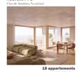 Modern living and dining area with a large sectional sofa, coffee table, dining table with chairs, floor lamp, and potted plants. Large windows offer a view of the balcony and outdoor area.