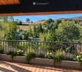 Balcony with wooden decking, metal railing, and lush greenery in planters, overlooking a scenic countryside view.
