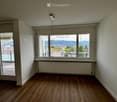 Empty room with wooden flooring, white walls, large windows offering a scenic view, and a radiator below one window.