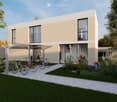 Modern two-story house with light beige and white exterior, large windows, covered patio area, and landscaped garden with bicycles parked under the patio.