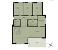 Floor plan of a 5.5-room apartment on the first upper floor, including three bedrooms, two bathrooms, a kitchen, a living/dining area, a home office, and a balcony.