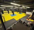 A spacious gym with boxing bags hanging from the ceiling, a large mat area, shelves with shoes, and various exercise equipment.