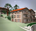 A multi-story residential building with balconies, orange-tiled roofs, and surrounding greenery.
