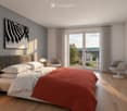 Modern bedroom with a large bed, nightstand, two chairs, and a picture frame on the wall. The room features wooden flooring and large windows with a view of the outdoors.