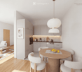 Modern open-plan living and dining area with a white sofa, wooden coffee table, round dining table with chairs, grey cabinets, and integrated kitchen appliances.