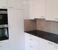 Modern kitchen with white cabinets, stainless steel oven, induction stove, and dishwasher.