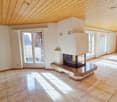 tiled floor, fireplace, glass doors, wooden ceiling