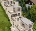 4 story building, terraces, multiple balconies, garden area