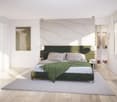 large bed with green blanket and pillows, carpet, nightstands, picture on the wall, mirror, hanging lamps, wooden floor, wooden closet