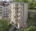 5 story apartment building, gray exterior, solar panels on roof, balconies, garden, green surroundings