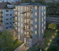 Residential building with 4 floors, balcony on every floor, green garden area, solar panels on the roof, paved entrance