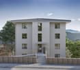 modern design, 4 stories, balconies, glass windows, modern facade, entry stairs