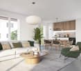 modern living room, large couch, coffee table, green chair, dining area, large windows
