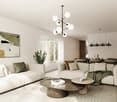 Spacious living room with large windows, white sofas, round wooden coffee table, abstract artwork, and a modern chandelier lighting fixture.