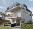 3 story house, white exterior, multiple balconies, modern design, garden, outdoor seating area