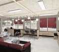 modern interior with wooden furniture, red cushions, white walls, large windows, hanging lamps