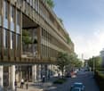 modern building, glass windows, balconies, brown and white facade, street with cars and people