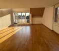 empty room, wooden floor, large windows, sliding glass doors, wooden ceiling