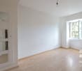 empty room, white walls, wooden floor, white door with mirrors, window