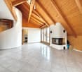 empty room, wooden ceiling, fireplace, large windows, tiled floor