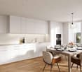 white kitchen with wooden floors, integrated appliances, ample cabinetry, breakfast bar, modern light fixture, large windows