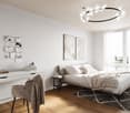 white walls, wooden floor, bed, desk, side table, chandelier, window, plant