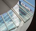 Office building, large glass windows, brand sign 'Glatt'