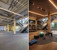 wide open space, steel and wooden beams, gray carpet, treadmills, weights, steppers, green exercise ball, and weights on the floor