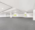 empty room, white walls, ceiling and flooring, recessed lighting, two windows at back, open door on right