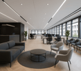 modern office with wooden floor, large windows, black furniture, round table, gray chairs, plants