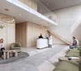 The lobby area features a reception desk, green lounge chairs, modern wall design, and hanging lights, with a staircase leading to an upper level.
