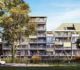 multi-story building, green roof, balconies, glass windows, green walls, plants