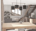 dining room, wooden table, chairs, couch, stairs, window