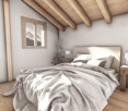 bedroom with wooden ceiling, wooden floor, bed, night stands with lamps, white walls