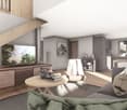 living room with a staircase, round table, couch, TV, wooden flooring, open plan kitchen