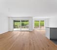 Balcony, Large windows, Sliding glass doors, hardwood floors, clean and minimalistic style