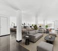 modern interior, grey couches, side tables, center table, rugs, chairs and tables