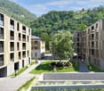 Modern apartment buildings, green space, walking paths, trees, mountains in the background