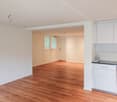 empty room, hardwood floors, white cabinets, modern sink, power outlet