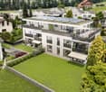 3 story apartment, solar panels, balconies, lawn, garden