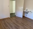empty room, wooden floor, white walls, white door, sink, light