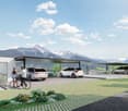 Modern house with a carport, 3 cars parked, green lawn, mountains in the background