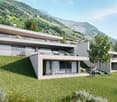 Modern house, raised ground floor, balcony, terrace, green lawn, mountain view