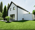 2-story modern house with white exterior, black trim, large windows, surrounded by trees and greenery, with a patio or terrace and a parking area on the side.