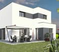 Two-story modern white house with gray accents, large windows, covered patio area with outdoor furniture, and a parking space on the property