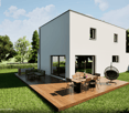 Modern white house, glass windows, wooden deck, furniture, open balcony, green garden
