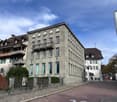 Concrete structure with large windows, multiple floors, brick building, stone pavement, flag, balcony, garden, trees