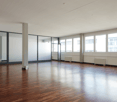 open space, hardwood floors, large windows, high ceiling